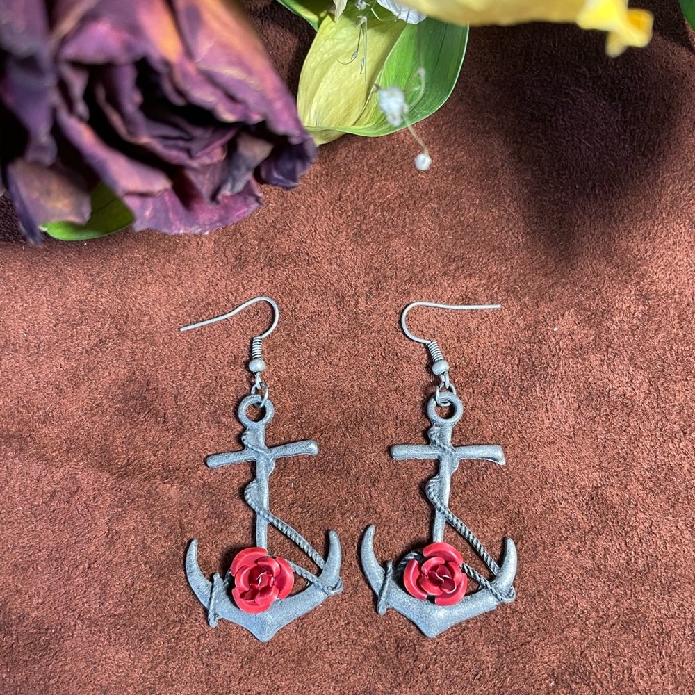 Anchor and Red Rose Earrings
